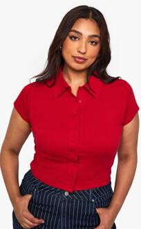 Plus Geribbelde Kraag Met Knopen Top, Red - 54