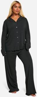 Plus Geribbelde Pajamaset Met Broek En Knoopsluiting, Black - 50