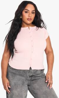 Plus Geribbelde Top Met Doorgeknoopte Capmouwen, Baby Pink - 44