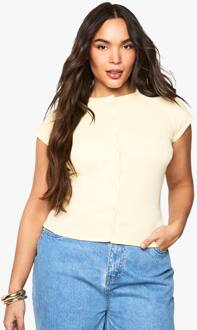 Plus Geribbelde Top Met Knoopsluiting En Capmouwen, Lemon - 46