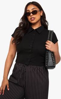 Plus Geribbelde Top Met Kraag En Knoopsluiting, Black - 46