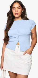 Plus Geribde Top Met Knoopsgat En Capmouwen, Baby Blue - 46