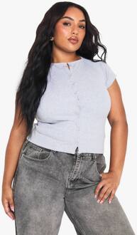 Plus Geribde Top Met Knoopsluiting En Capmouwen, Grey - 44