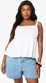 Plus Gerimpelde Geborduurde Top Met Strikschouder (Smock Top), White - 52
