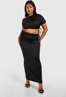 Plus Geritste Drapeer Schouder Crop Top En Maxi Rok, Black - 50