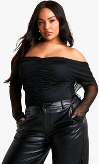 Plus Geruched Front Bardot Top Met Lange Mouwen, Black - 54