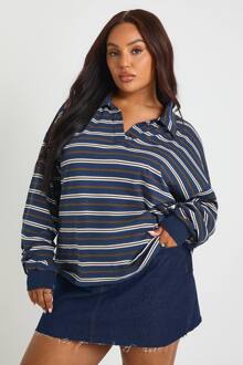 Plus Gestreept Zware Katoenen Rugbytop Met Kraag En Knoopdetail, Navy - 48