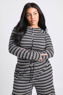 Plus Gestreepte Button-Down Top Met Lange Mouwen, Black - 46