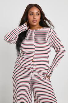 Plus Gestreepte Knoopdoorloop Top Met Lange Mouwen, Red - 52