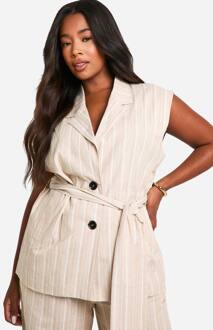 Plus Gestreepte Linnen-Look Mouwloze Blazer Met Strik In De Taille, Ecru - 56