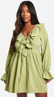 Plus Gestructureerde Geweven Jurk Met Franje In Skater-Stijl, Olive - 46