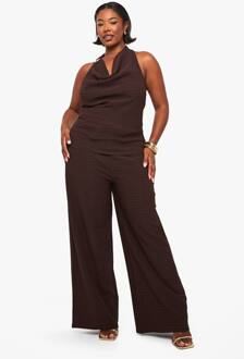 Plus Getextureerde Cowl Neck Top Met Schelptrim & Co-Ord Met Wijde Pijpenbroek, Chocolate - 56