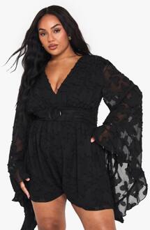 Plus Getextureerde Romper Met Uitlopende Mouwen, Black - 54