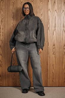 Plus Gewassen Spijkerbroek Met Elastische Tailleband, Washed Black - 56