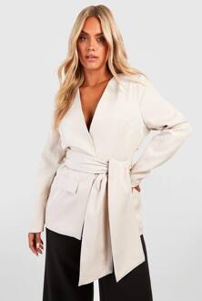 Plus Geweven Blazer Met Stropdasriem En Zak, Cream - 46