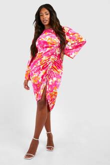 Plus Geweven Bloemen Midi-Jurk Met Geraffelde Details, Pink - 56