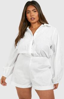 Plus Geweven Borduurdetail Lange Mouwen Romper, White - 54