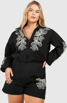 Plus Geweven Borduurdetail Romper Met Lange Mouwen, Black - 56