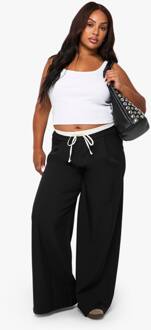 Plus Geweven Broek Met Contrasterende Band En Wijde Pijpen, Black - 44