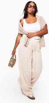 Plus Geweven Broek Met Contrasterende Band En Wijde Pijpen, Stone - 52