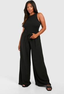 Plus Geweven Broek Met Trekkoord En Wijde Pijpen, Black - 56