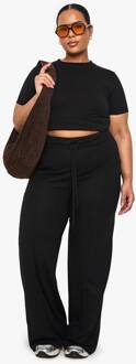 Plus Geweven Broek Met Trekkoord En Wijde Pijpen, Black - 56