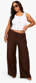 Plus Geweven Broek Met Trekkoord En Wijde Pijpen, Chocolate - 52