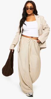 Plus Geweven Broek Met Trekkoord En Wijde Pijpen, Stone - 52