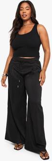 Plus Geweven Broek Met Trekkoord, Geplooide Wijde Pijpen, Black - 44