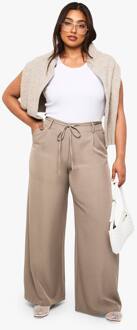 Plus Geweven Elastische Achterband Met Strik En Wijde Pijpenbroek, Taupe - 48