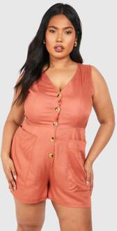 Plus Geweven Getailleerde Button Down Romper, Terracotta - 48