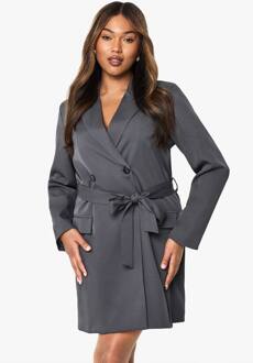 Plus Geweven Getailleerde Obi-Riem Blazerjurk, Grey - 52