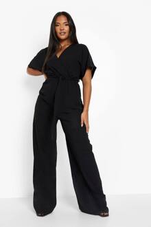 Plus Geweven Jumpsuit Met Ceintuur En Wijde Pijpen, Black - 56