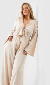 Plus Geweven Knoop Diepe V-Hals Jumpsuit Met Wijde Pijpen, Beige - 54