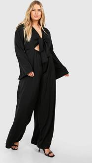 Plus Geweven Knoop Voorkant Diepe V-Hals Jumpsuit Met Wijde Pijpen, Black - 46