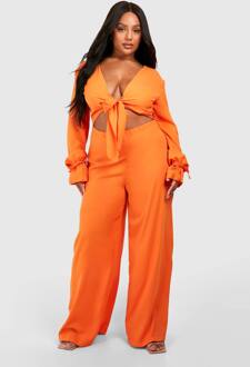 Plus Geweven Knoop Voorkant Lange Mouw Jumpsuit, Orange - 56