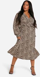 Plus Geweven Luipaard Wrap Midi Jurk, Leopard - 52