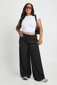 Plus Geweven Pinstripe Broek Met Elastische Tailleband, Black - 44