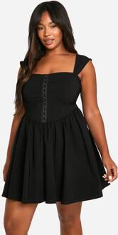 Plus Geweven Stretch Corset Detail Korte Mouwen Zwevende Mini-Jurk, Black - 46