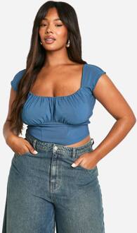 Plus Geweven Stretch Geraffelde Corset Top Met Cap Sleeve, Blue - 54