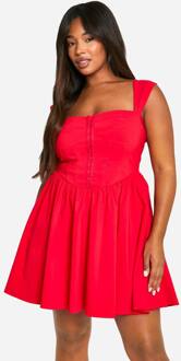 Plus Geweven Stretch Korsetdetail Korte Mouw Zwevende Mini Jurk, Red - 56