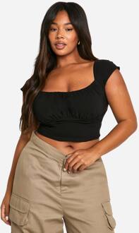 Plus Geweven Stretch Ruched Cap Sleeve Corset Top, Black - 56
