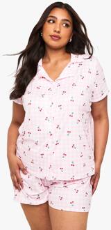 Plus Gingham Cherry Print Short Sleeve & Short Pj Set, Pink - 52