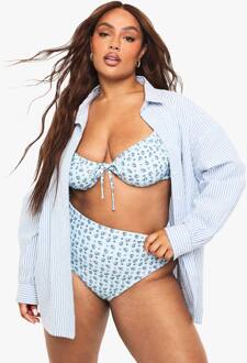 Plus Gingham Floral Bikini-Broek Met Hoge Taille En Zijband Met Strik, Baby Blue - 50