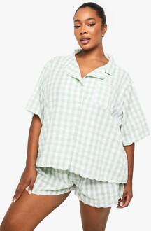 Plus Gingham Pajamaset Met Overhemd En Korte Broek Met Scalloprand, Mint - 46