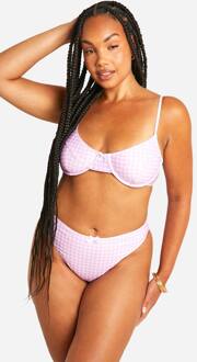 Plus Gingham Print Hoog Getailleerde Bikini Slip, Pink - 52