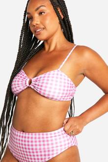 Plus Gingham Print O Ring Hoge Taille Bikini Top, Pink - 56