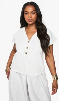 Plus Gouden Knoop Gestructureerd Tank, White - 52