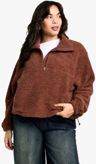 Plus Half Zip Zijzak Oversized Borg Sweatshirt, Chocolate - 46