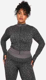 Plus Jacket Met Leopardenprint En Naadloze Ritssluiting, Grey - 52